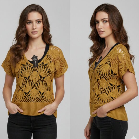Reborn Tops - Reborn Mustard Yellow Crochet Women's Blouse Size Medium